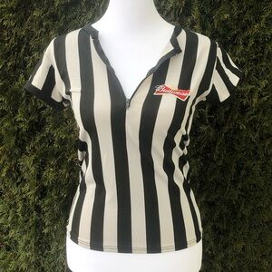 Budweiser Black and Grey Striped Women's Top